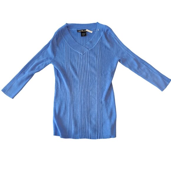 United States Sweaters Ribbed 3/4 Sleeve V-Neck Tunic Sweater Blue Large NEW NWT - Picture 1 of 10